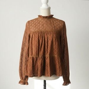 NEW Sezane Blouse Size 2 Rust Sheer Ruffle Trim Gabbie Moka 100% Cotton